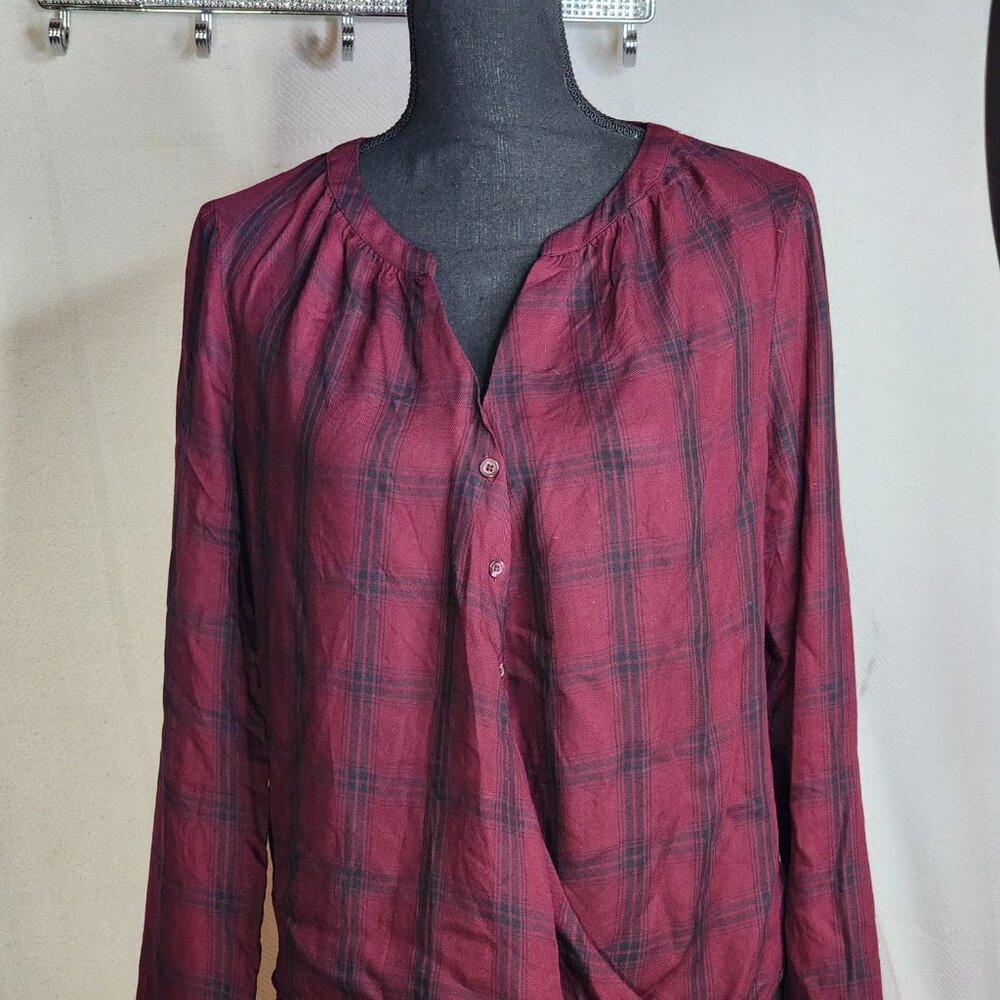 A.N.A. A New Approach Wine Black Plaid Long Tab Sleeve Button Up Faux Wrap Top S - Picture 3 of 16